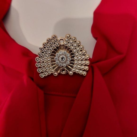 Red Tie Neck Blouse with Rhinestone Brooch NWT - Picture 8 of 13